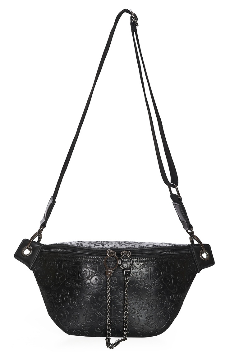 Banned | Schouder/ pouch-tas Damien zwart met structuurprint en ketting aan de rits 