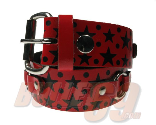 Bullet69 | Leren riem 38mm met rood met sterren print en ringen