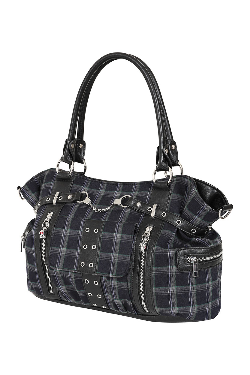 Banned | Lolita punk schoudertas Rise Up van grijze tartan met rits details Banned | Lolita punk schoudertas Rise Up van grijze tartan met rits details