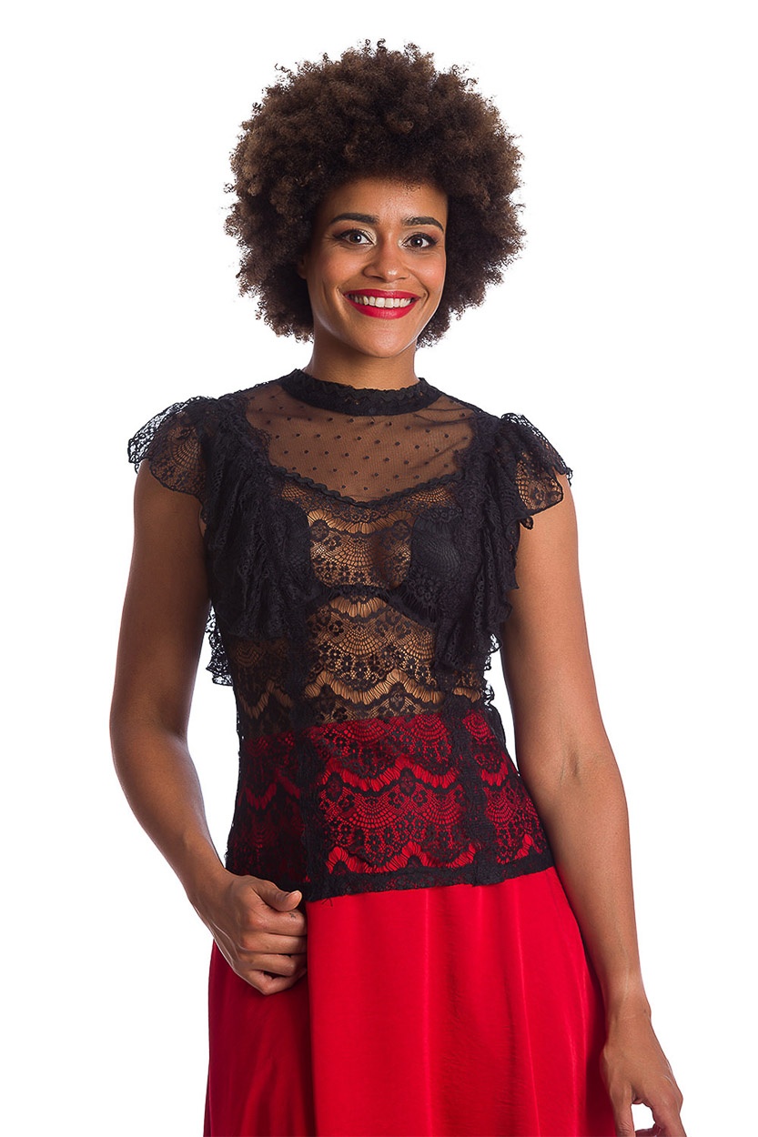 Banned | Gothic top, Black Romance met diverse kant details en ruches Banned | Gothic top, Black Romance met diverse kant details en ruches