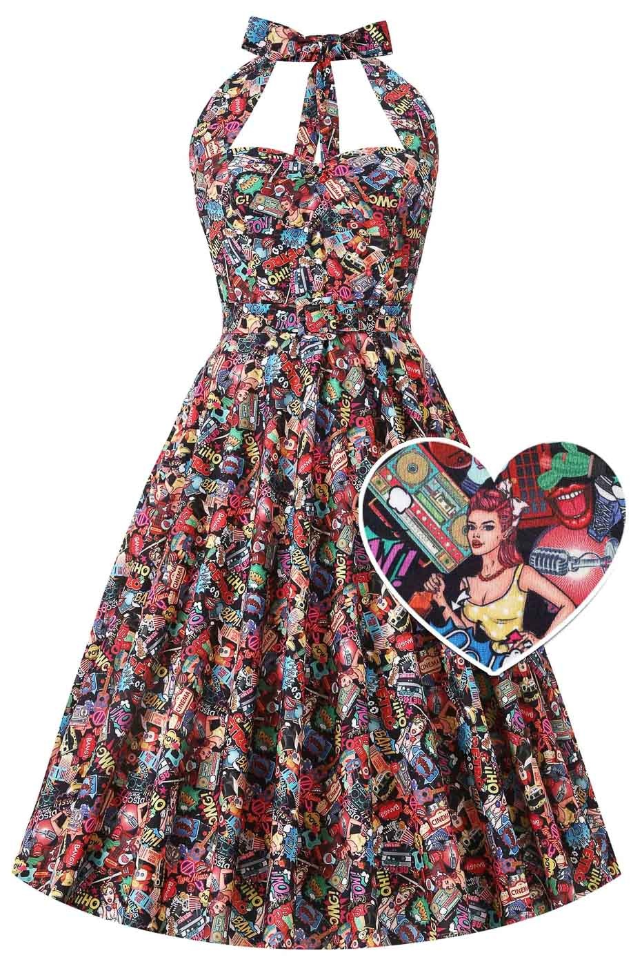 Dolly and Dotty | Daisy Pop Art retro halterswing jurk met kleurrijke comic print