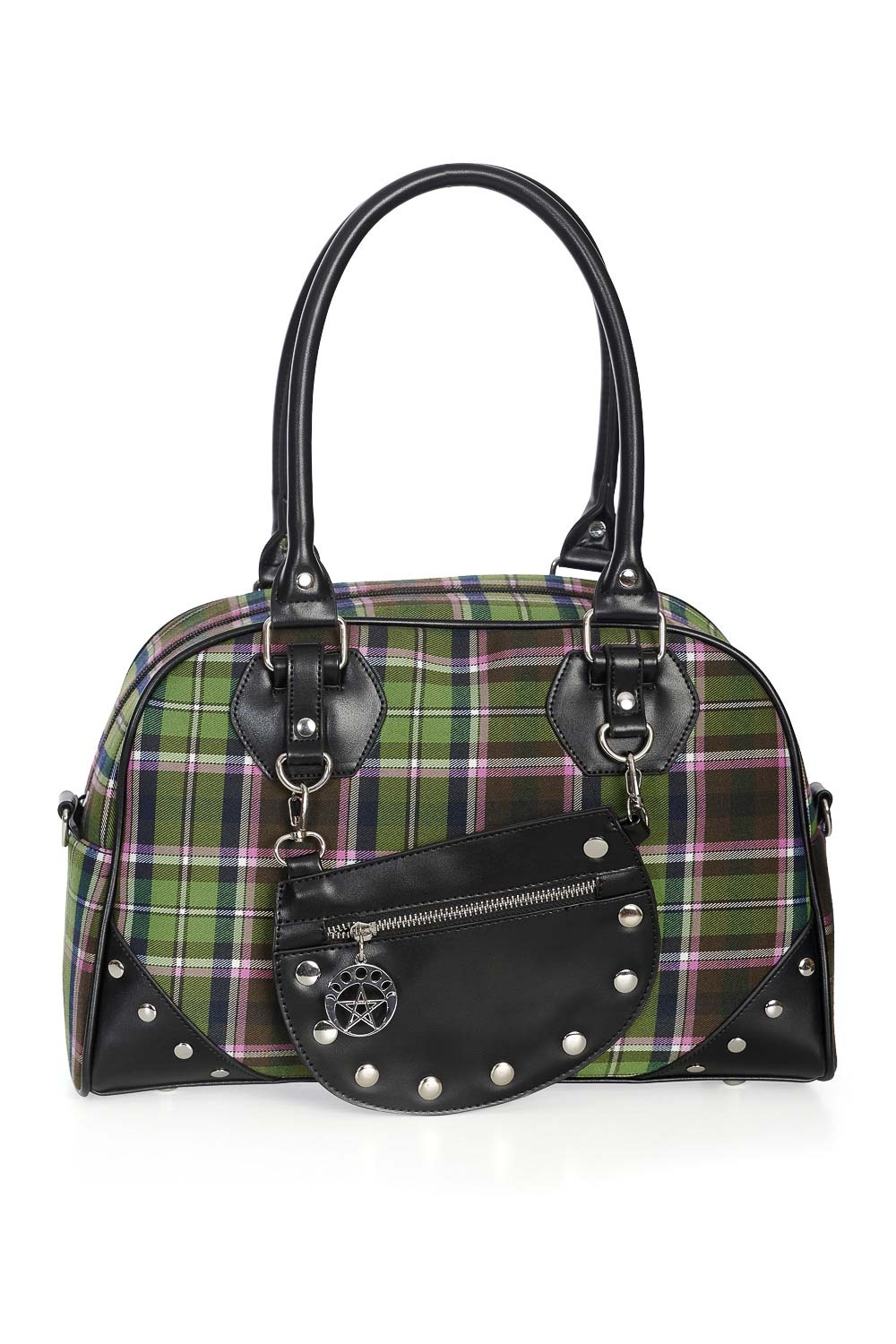Banned | Gothic punk schoudertas groen roze tartan