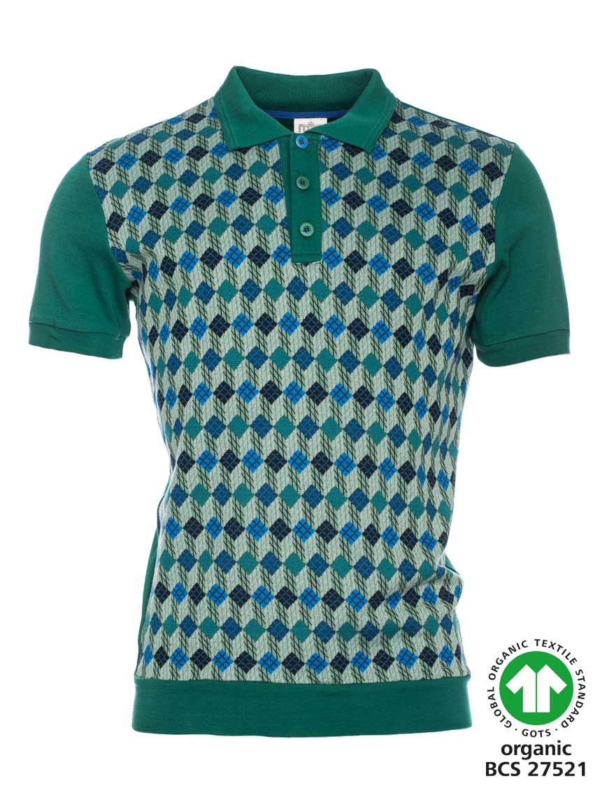 ATO Berlin, polo Enzio, grafisch retro patroon, groen blauw ATO Berlin, polo Enzio, grafisch retro patroon, groen blauw
