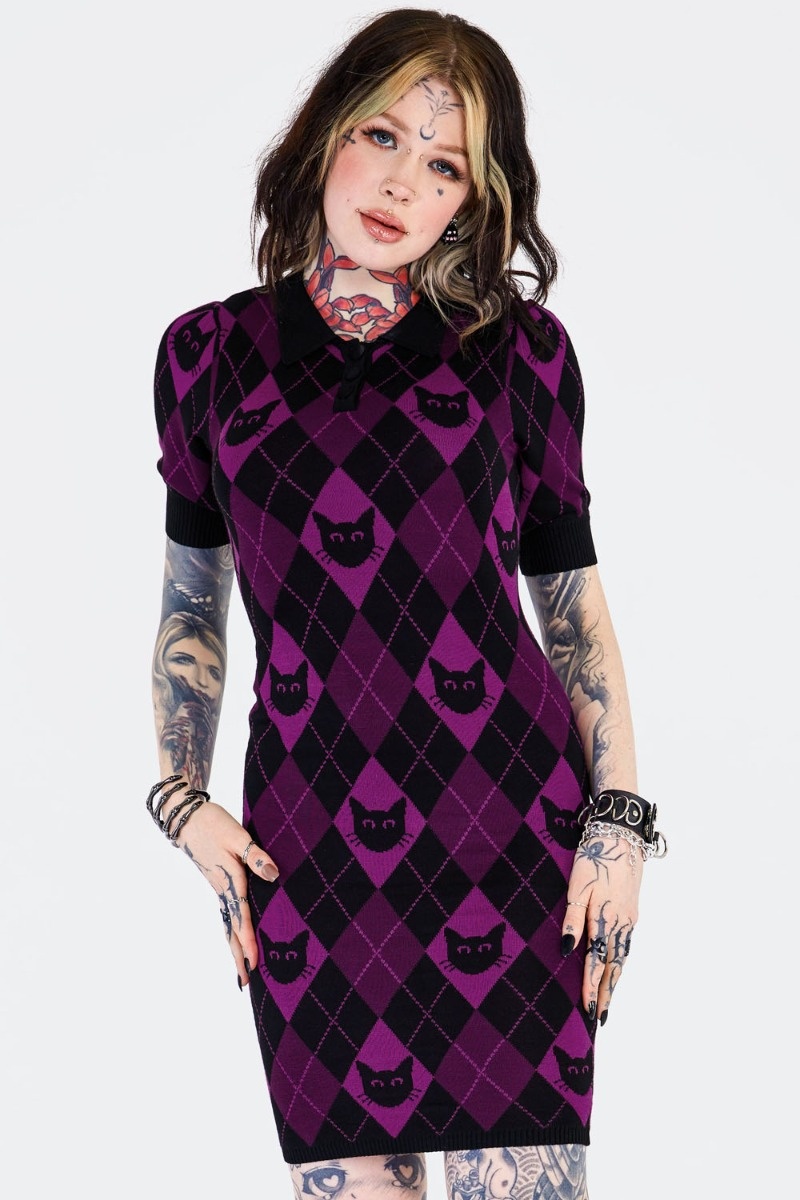 Jawbreaker | Paars geruite polo mini jurk Argyle met katten snoetjes