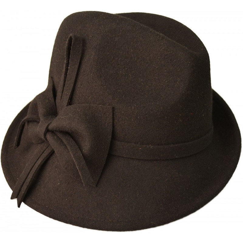 Trilby klokhoed, zwart wol, a-symmetrisch met strik Trilby klokhoed, zwart wol, a-symmetrisch met strik