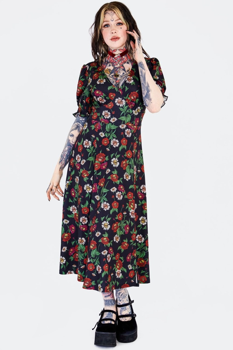 Jawbreaker | Jaren 80 Skull Flower midi jurk met pofmouwen