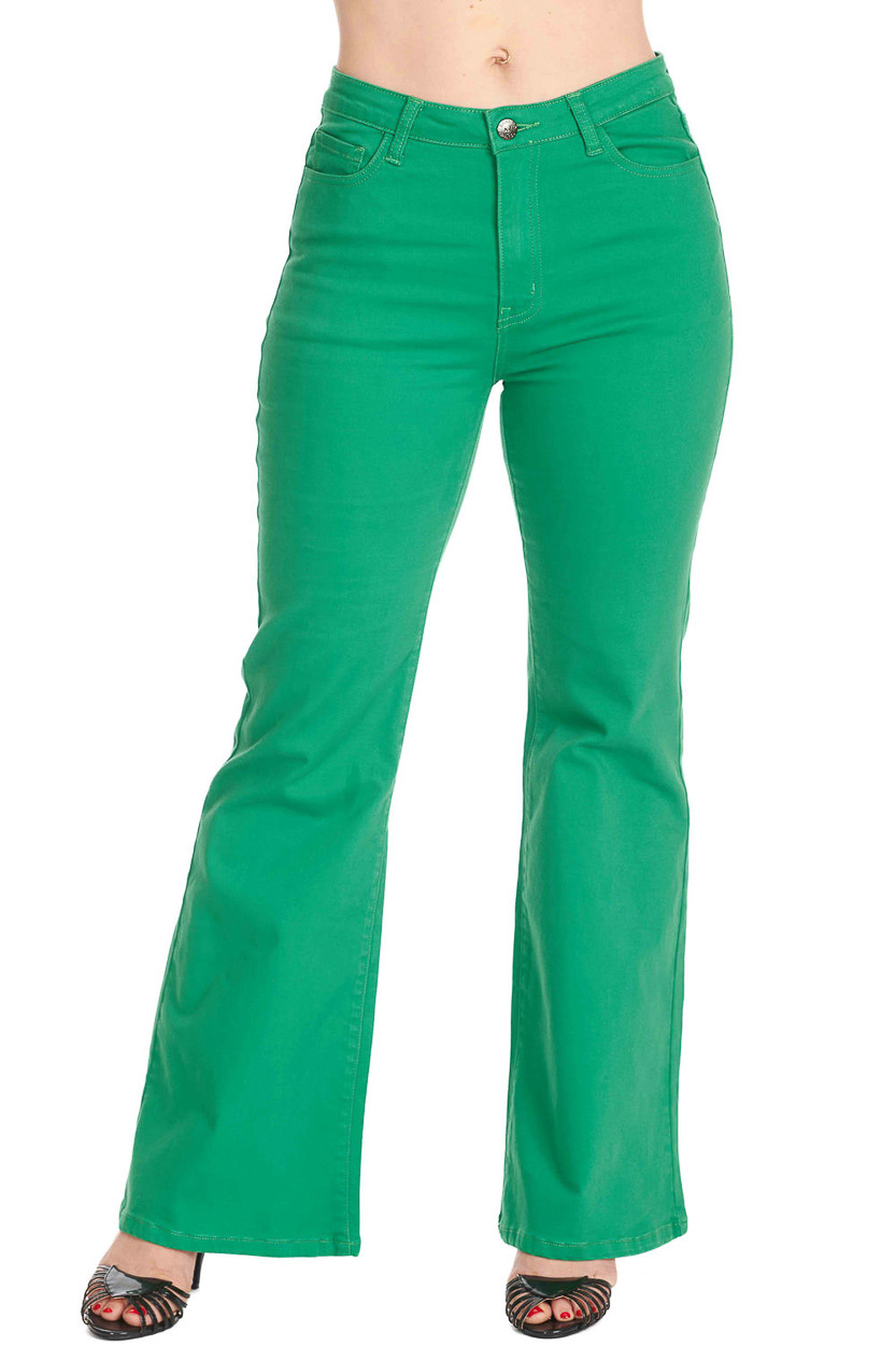 Banned | Jaren 70 jeans, Love flare groene denim broek met wijde pijpen