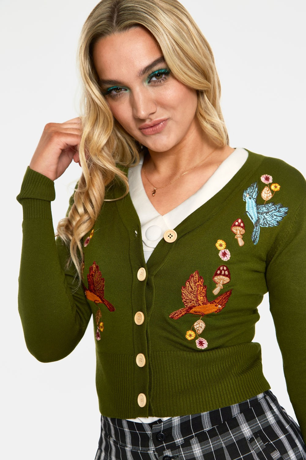 Voodoo Vixen | Cardigan Ginny Woodland olijfkleur met embroidery Voodoo Vixen | Cardigan Ginny Woodland olijfkleur met embroidery