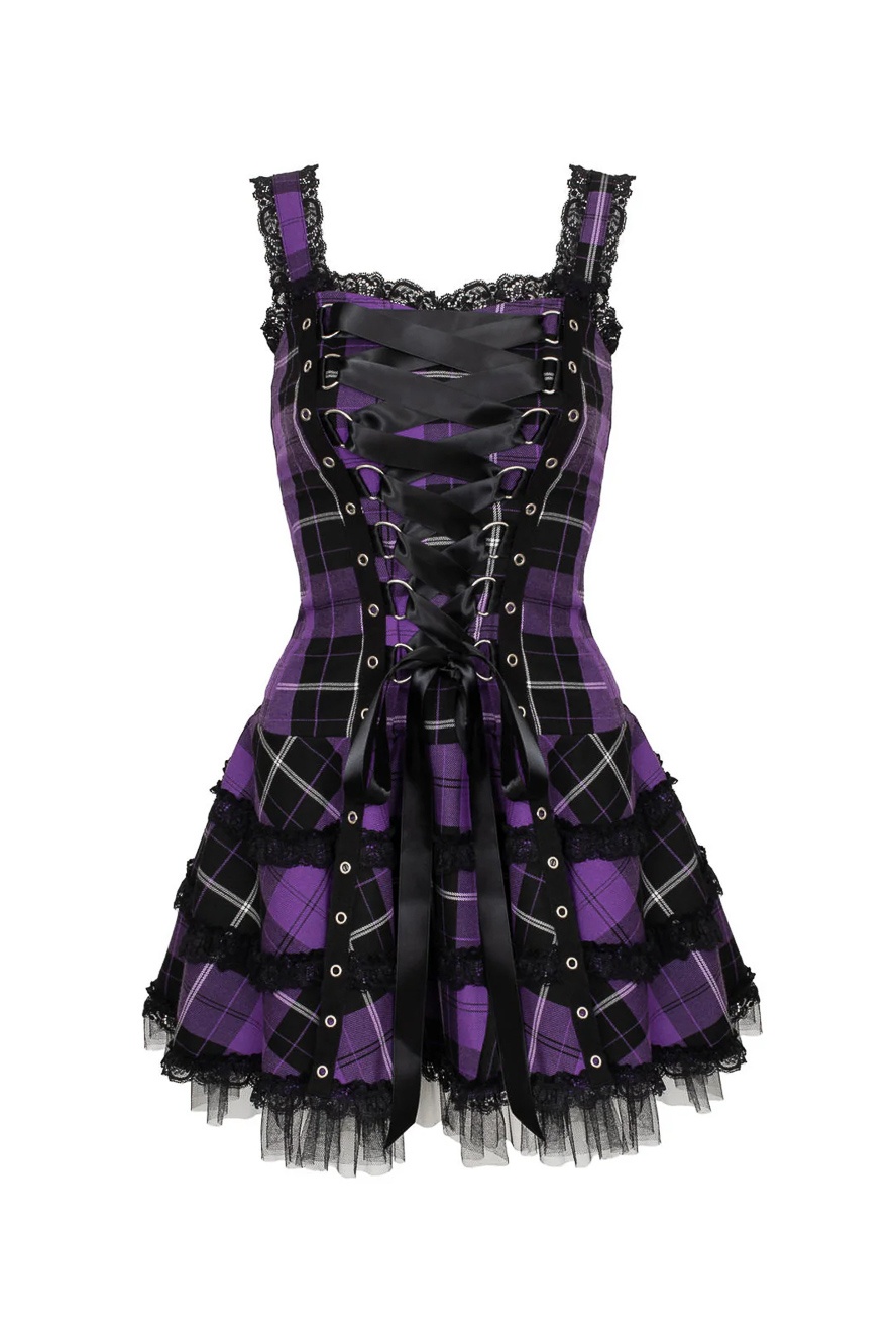 Hell Bunny | Punkjurkje Harley van zwart paarse tartan met corsetlint