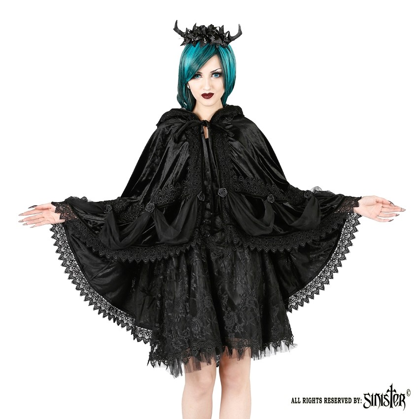 Sinister | Zwarte fluwelen Cape Zilla met rood gevoerde capuchon Sinister | Zwarte fluwelen Cape Zilla met rood gevoerde capuchon