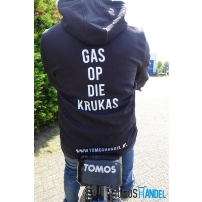 Tomos Hoodie wheelie met tekst - Gas op die Krukas! Tomos Hoodie wheelie met tekst - Gas op die Krukas!