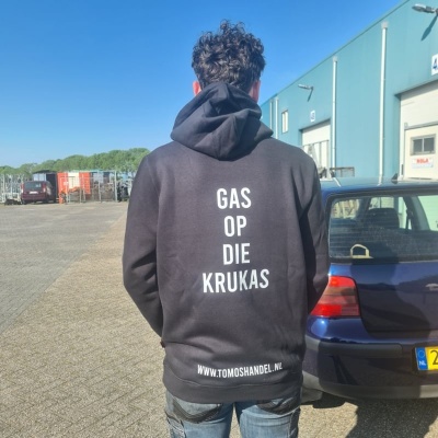 Tomos Hoodie wheelie met tekst - Gas op die Krukas! Tomos Hoodie wheelie met tekst - Gas op die Krukas!