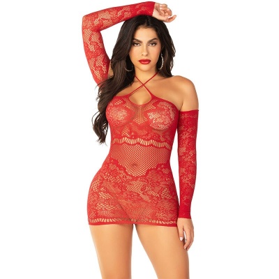 Leg Avenue Off-Shoulder Long-Sleeved Mesh Dress Red - image 1