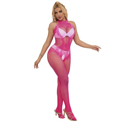 Subblime Fishnet & Lace Crotchless w/ High Neck, Pink - image 5