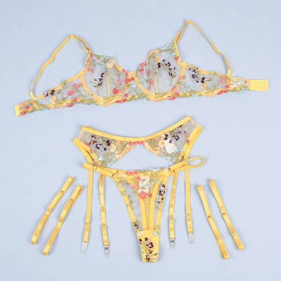 Subblime Bra & Thong & Garter Belt Floral Yellow S/M - image 7