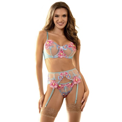 Subblime Bra & Panties with Garter Belt Floral Blue L/XL