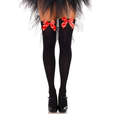 LEG AVENUE Thigh Highs Black with Red Bow