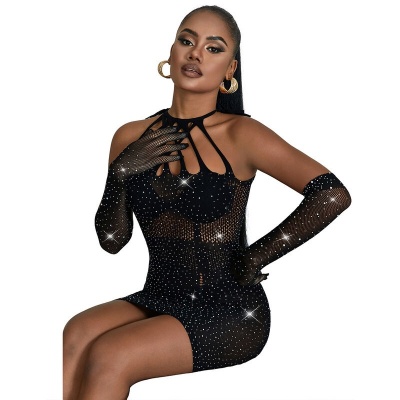 Subblime Fishnet Dress w/ Rhinestones, Black, One Size - image 3