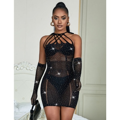 Subblime Fishnet Dress w/ Rhinestones, Black, One Size - image 6