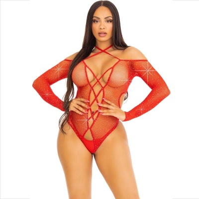 Leg Avenue Body Crotchless Fishnet Rhinestone Red