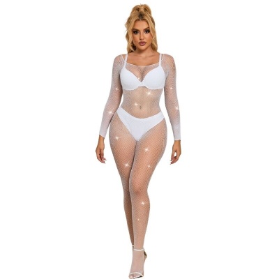 Subblime Fishnet Bodystocking w/ Diamonds Long Sleeve, White - image 1
