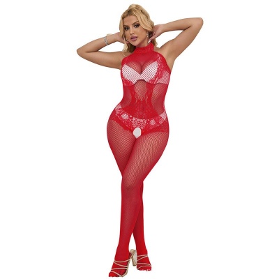 Subblime Fishnet & Lace Crotchless w/ High Neck, Red - image 3