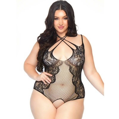 Leg Avenue Crotchless Net and Lace Teddy 1X-2X