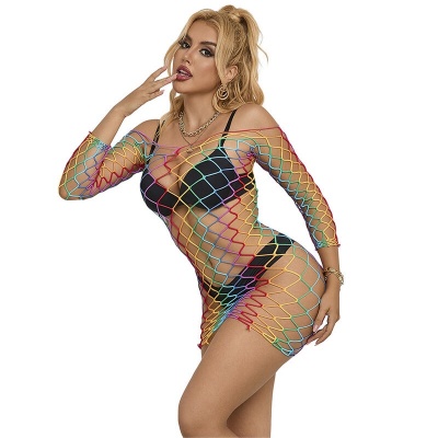 Subblime Rainbow Long Sleeve Fishnet Dress, One Size - image 1