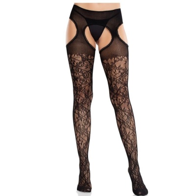 Leg Avenue Floral Lace Stockings with Garters Black