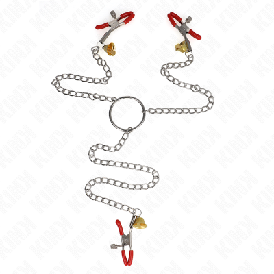 KINK - Bell Triple Nipple And Clit Clamps Red With Chain 30 Cm