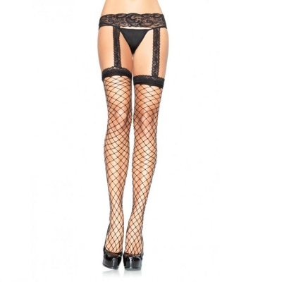 Fishnet Stockings With Black Lace Garter Garter