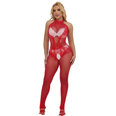 Subblime Fishnet & Lace Crotchless w/ High Neck, Red - image 1
