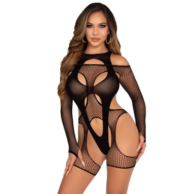 Leg Avenue Fishnet Bodystocking with Garter Belt, Black