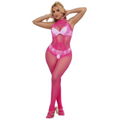 Subblime Fishnet & Lace Crotchless w/ High Neck, Pink - image 4