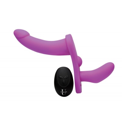 Foto van XR Brands - Dubbele Vibrerende Dildo Met Harnas - Paars