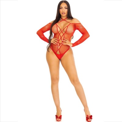 Leg Avenue Body Crotchless Fishnet Rhinestone Red - image 5
