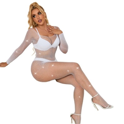 Subblime Fishnet Bodystocking w/ Diamonds Long Sleeve, White - image 3