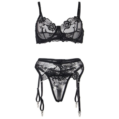 Sublime 3-Piece Lingerie Set Floral Black S/M - image 6