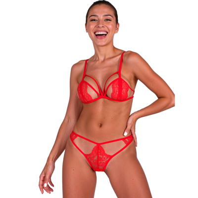 PASSION Lace Bra and Thong Set Fire Brick L