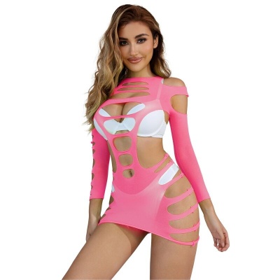 Subblime Long Sleeve Elastic Fishnet Dress, Pink - image 1