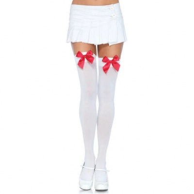 Leg Avenue Nylon Thigh Highs White Red Bow