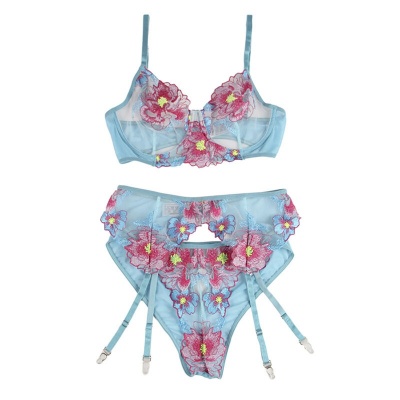 Subblime Bra & Panties with Garter Belt Floral Blue S/M - image 5