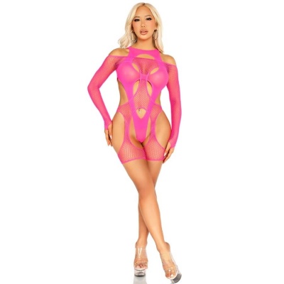 Leg Avenue Fishnet Bodystocking with Garter Belt, Neon Pink