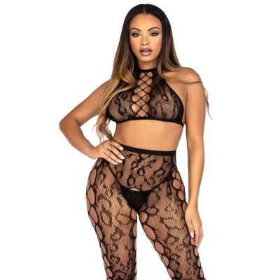 Leg Avenue Crop Top & Crotchless Tights, Black