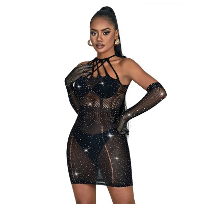 Subblime Fishnet Dress w/ Rhinestones, Black, One Size - image 4