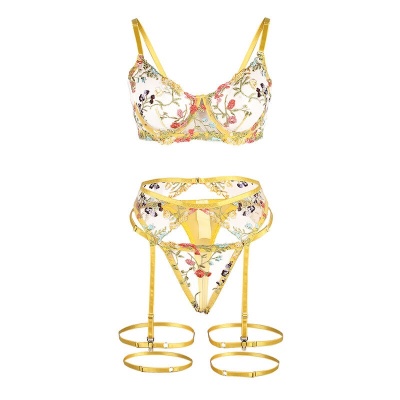 Subblime Bra & Thong & Garter Belt Floral Yellow S/M - image 6