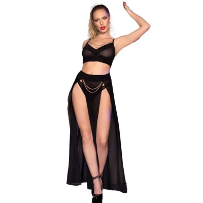 Chilirose Black Top Skirt Thong Gold Chains S
