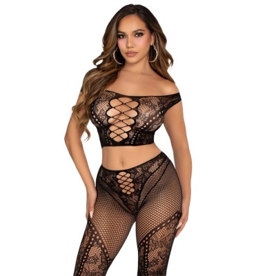 Leg Avenue Off-Shoulder Fishnet Legging Set, Black
