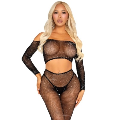 Leg Avenue Rhinestone Fishnet Crop & Leggings, Black