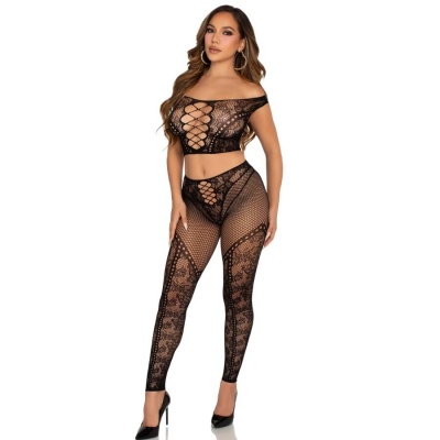 Leg Avenue Off-Shoulder Fishnet Legging Set, Black - image 2
